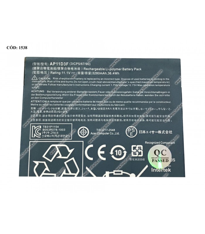 BATERIA ACER 11.1V---36.4WH 4C/ASPIRE ULTRABOOK S3 S3-391 S3-951 SERIES AP11D3F OEM