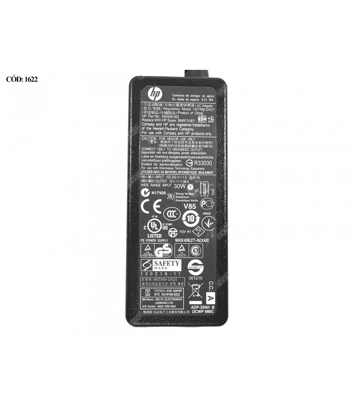 CARGADOR HP 19V---1.58A 30W PIN PLANO 100-240V~ US 50-60Hz 3PRONG 594906-001 ORIG.