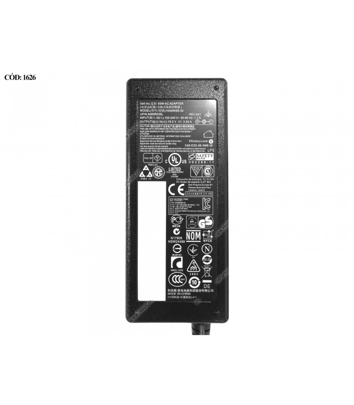 CARGADOR DELL 19.5V---3.34A 65W PIN 7.4*5.0 100-240V~ US 50-60Hz 3PRONG OCTAGONAL 09RN2C OEM