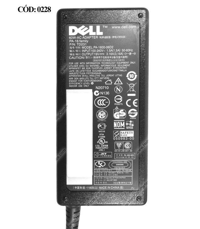 CARGADOR DELL 19V---3.16A 60W PIN 5.5*2.5 100-240V~ US 50-60Hz 3PRONG 0TD231 OEM