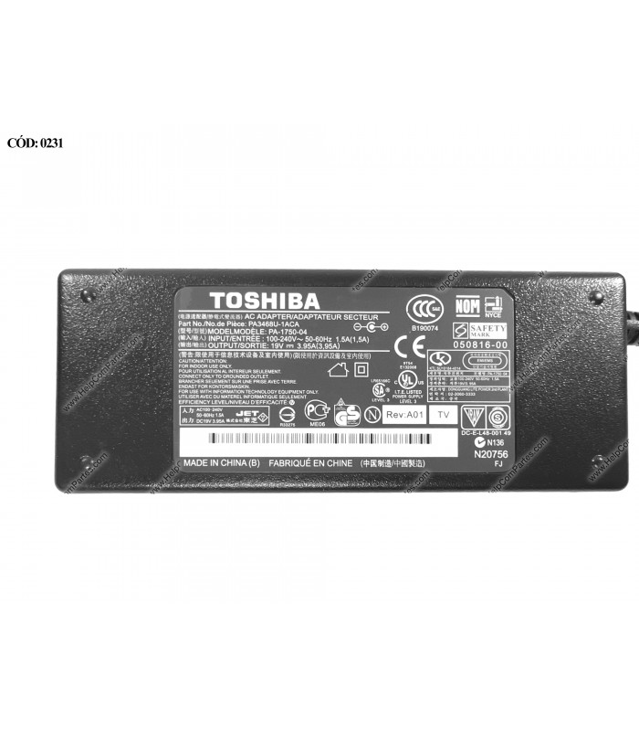 CARGADOR TOSHIBA 19V---3.95A 75W PIN 5.5*2.5 100-240V~ US 50-60Hz 3PRONG SIN CABLE DE PODER PA3468U-1ACA PA3715E-1AC3 OEM