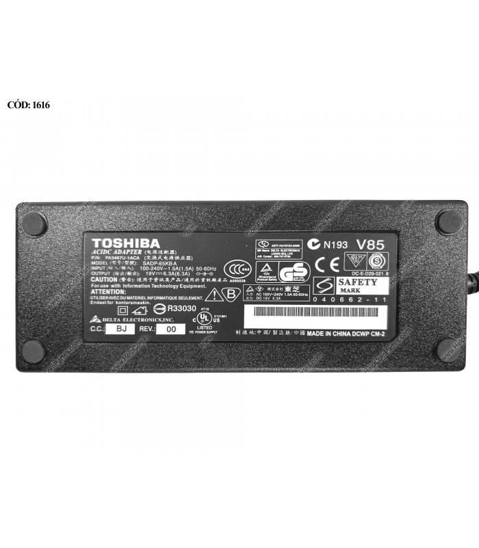 CARGADOR TOSHIBA 19V---6.3A 120W PIN 5.5*2.5 100-240V~ US 50-60Hz 3PRONG PA3467U-1ACA OEM