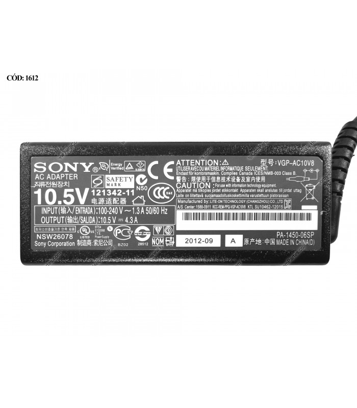 CARGADOR SONY 10.5V---4.3A 45W PIN 4.8*1.7 100-240V~ US 50-60Hz 3PRONG VGP-AC10V8 OEM