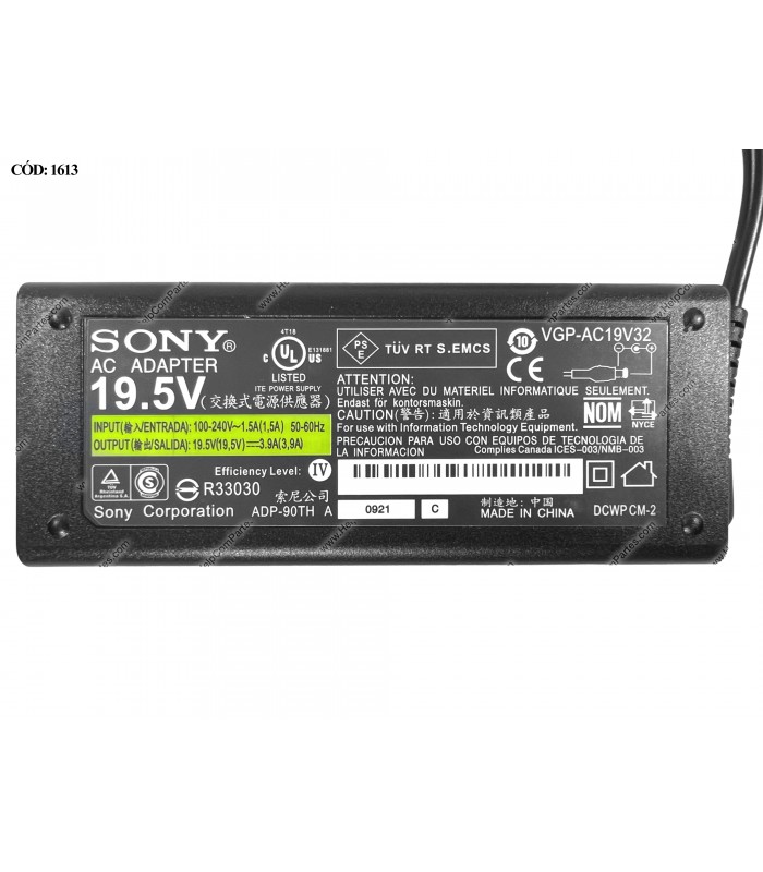 CARGADOR SONY 19.5V---3.9A 75W PIN 6.5*4.4 100-240V~ US 50-60Hz 3PRONG SIN CABLE DE PODER VGP-AC19V32 OEM