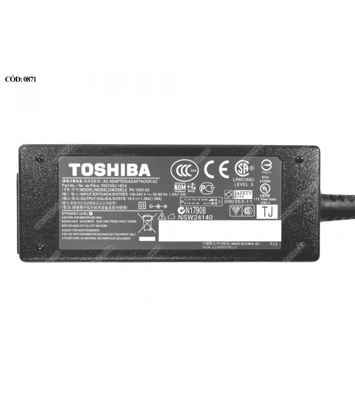 CARGADOR TOSHIBA 19V---1.58A 30W PIN 5.5*2.5 100-240V~ US 50-60Hz 2PRONG PA3743U-1ACA OEM