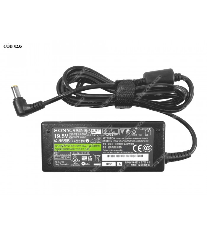 CARGADOR SONY 19.5V---3.3A 65W PIN 6.5*4.4 100-240V~ US 50-60Hz 3PRONG VGP-AC19V43 OEM