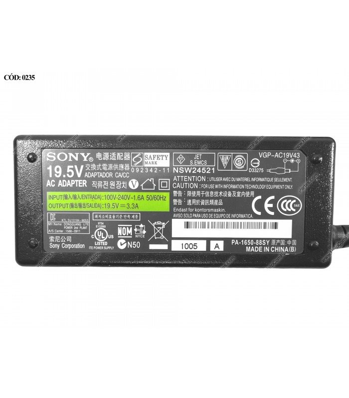 CARGADOR SONY 19.5V---3.3A 65W PIN 6.5*4.4 100-240V~ US 50-60Hz 3PRONG VGP-AC19V43 OEM