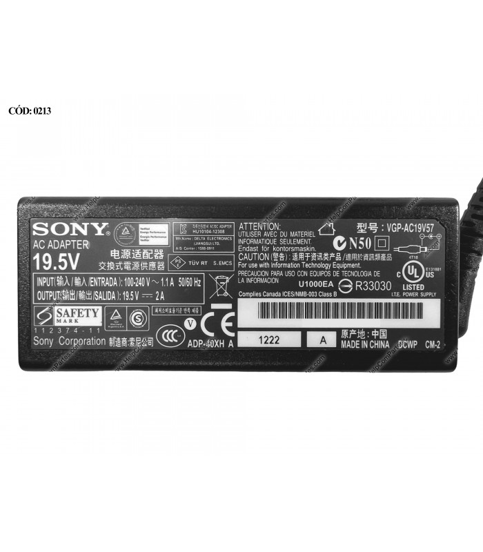 CARGADOR SONY 19.5V---2A 40W PIN 6.5*4.4 100-240V~ US 50-60Hz 2PRONG VGP-AC19V57 ORIG.