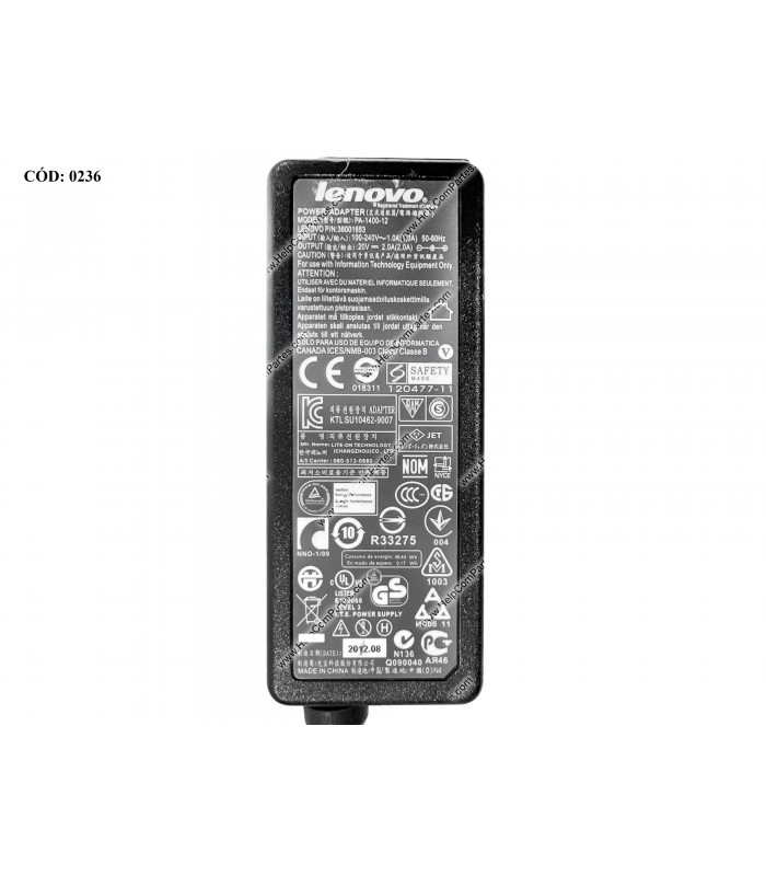 CARGADOR LENOVO 20V---2A 40W PIN 5.5*2.5 100-240V~ US 50-60Hz 3PRONG 36001653 OEM