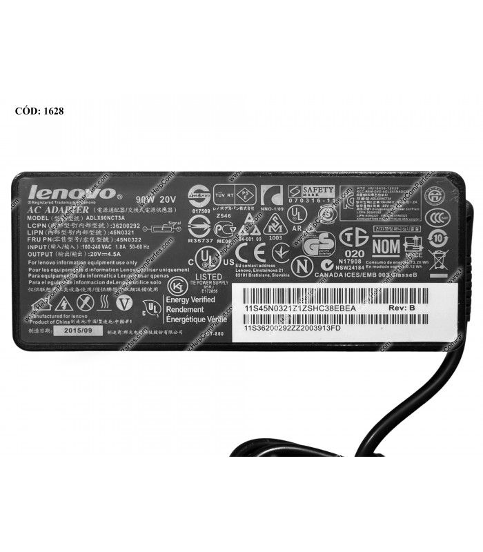CARGADOR LENOVO 20V---4.5A 90W USB SQUARE SLIM 100-240V~ US 50-60Hz 3PRONG ADLX90NCT3A 36200292 OEM