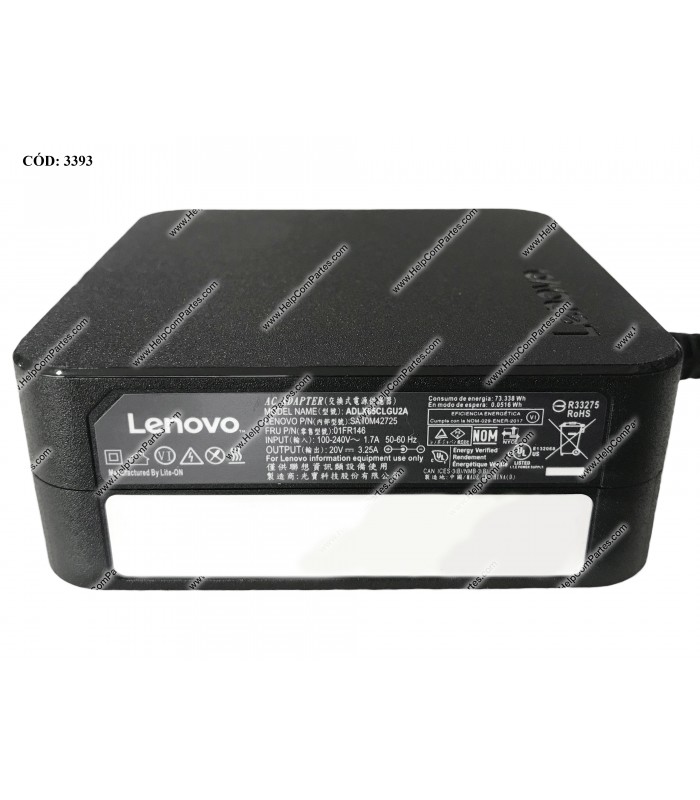 CARGADOR LENOVO 20V---3.25A 65W PIN 4.0*1.7MM 100-240V~ US 50-60Hz 2PRONG 01FR146 ORIG.