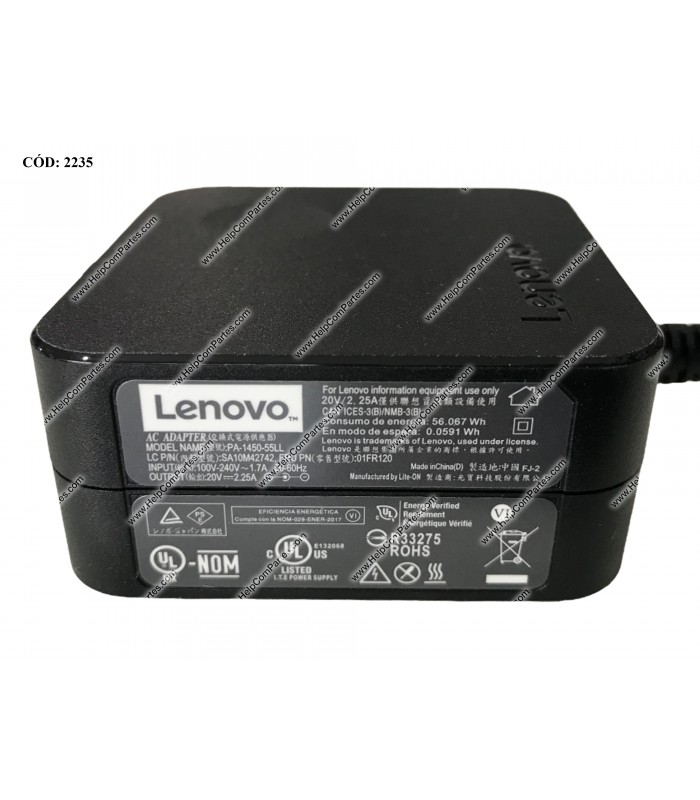 CARGADOR LENOVO 20V---2.25A 45W PIN 4.0*1.7 100-240V~ US 50-60Hz 2PRONG 01FR120 ORIG.