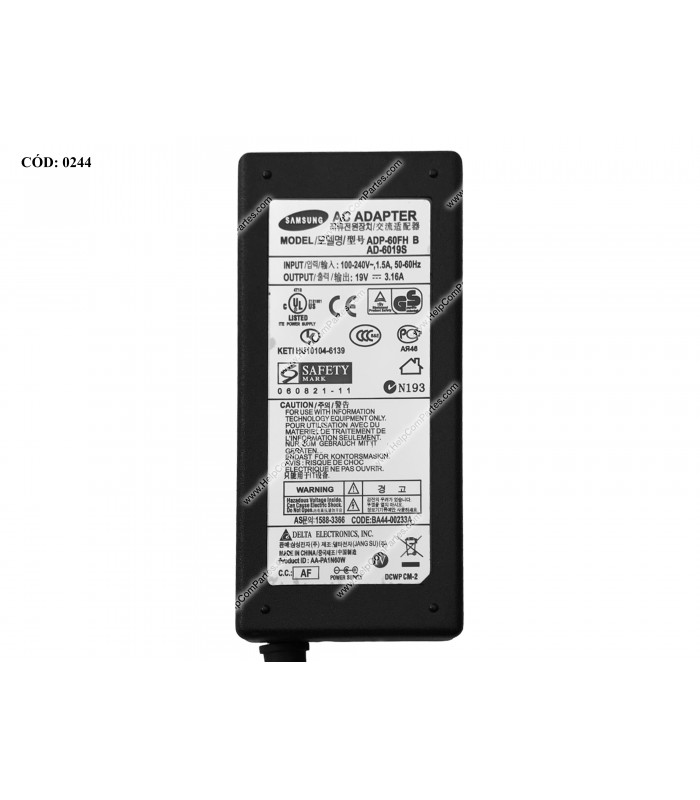 CARGADOR SAMSUNG 19V---3.16A 60W PIN 5.5*3.0 100-240V~ US 50-60Hz 3PRONG SIN CABLE DE PODER ADP-60FH B AD-6019S ORIG.