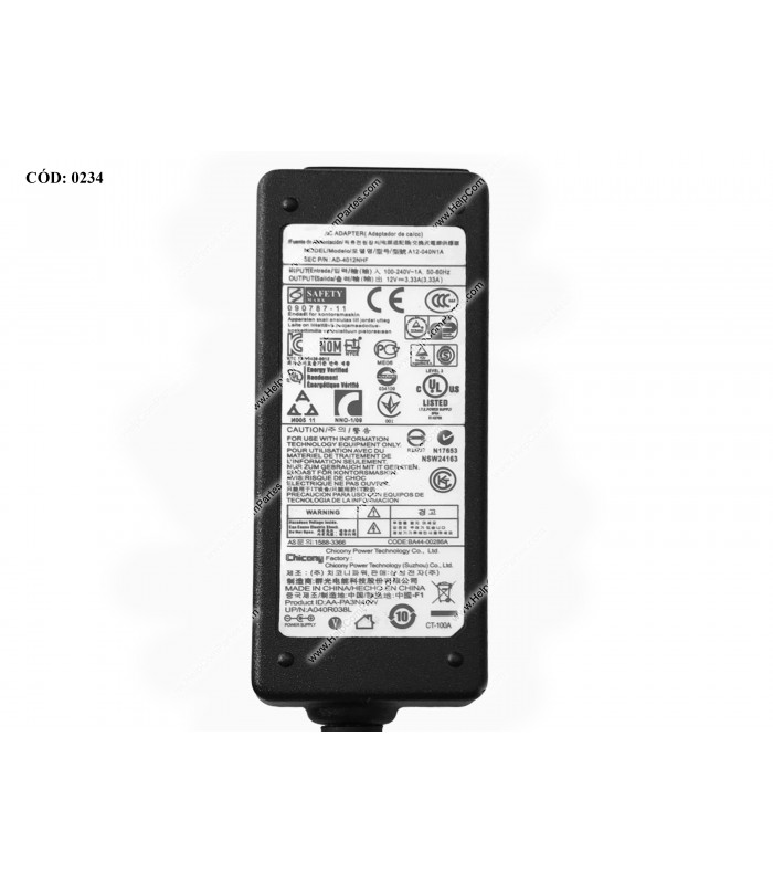 CARGADOR SAMSUNG 12V---3.33A 40W PIN 2.5*0.7 100-240V~ US 50-60Hz 2PRONG AD-4012NHF ORIG.