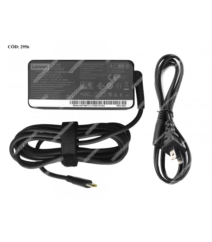 CARGADOR LENOVO USB-C 45W 20.0V---2.25A /15.0V---3.0A /9.0V---2.0A /5.0V---2.0A 10.0W /100-240V~ US 50-60Hz 2PRONG ORIG.
