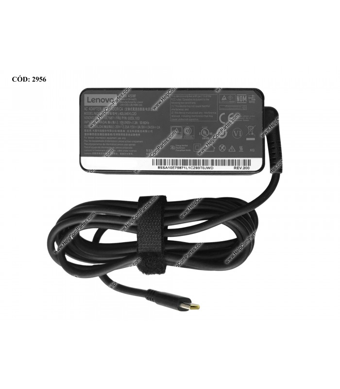 CARGADOR LENOVO USB-C 45W 20.0V---2.25A /15.0V---3.0A /9.0V---2.0A /5.0V---2.0A 10.0W /100-240V~ US 50-60Hz 2PRONG ORIG.