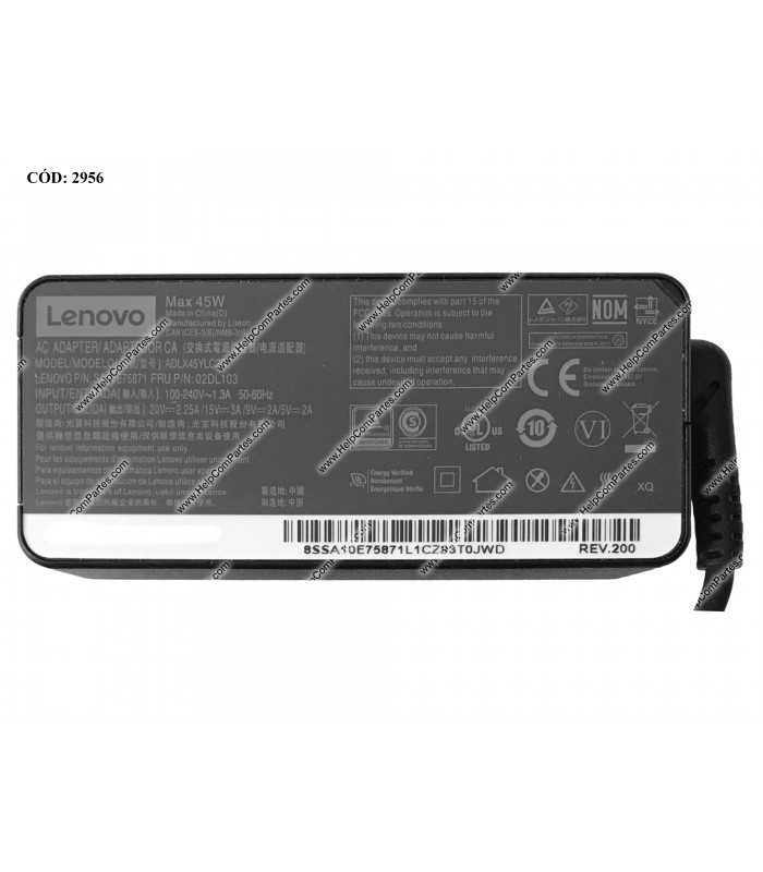 CARGADOR LENOVO USB-C 45W 20.0V---2.25A /15.0V---3.0A /9.0V---2.0A /5.0V---2.0A 10.0W /100-240V~ US 50-60Hz 2PRONG ORIG.