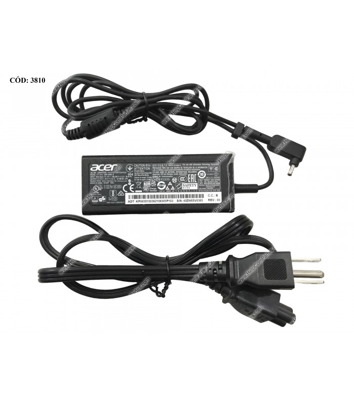 CARGADOR ACER 19V---2.37A 45W PIN 3.0*1.1 100~240V 50-60Hz US 3PRONG ADP-45HE B ORIG. (DS)