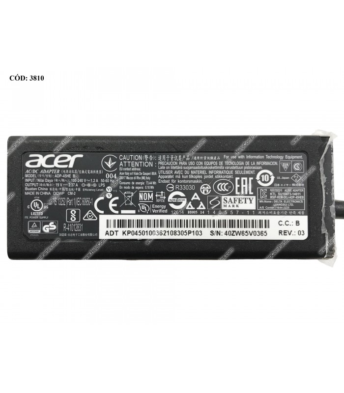 CARGADOR ACER 19V---2.37A 45W PIN 3.0*1.1 100~240V 50-60Hz US 3PRONG ADP-45HE B ORIG. (DS)