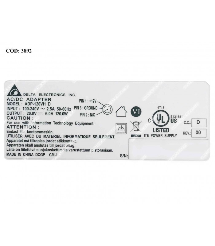CARGADOR DELTA 20.0V---6.0A 120W PIN 7.4*5.0 100-240V~ US 50-60Hz 3PRONG ADP-120VH D ORIG.