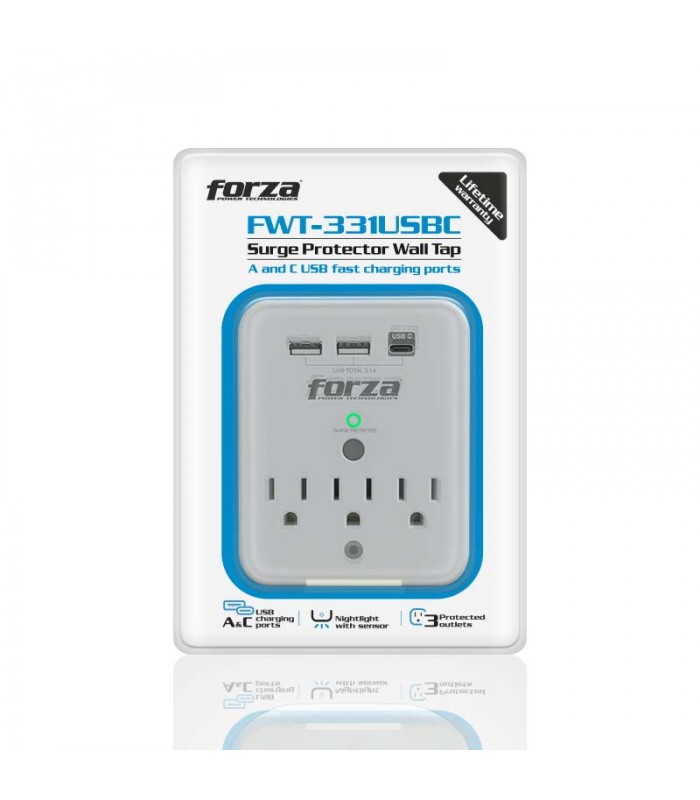 TOMACORRIENTE FORZA FWT-331USBC 490J/1875W BLACK 120V 50/60Hz, 15A, 3NEMA 5-15P, 2XUSB-A, 1XUSB-C 3.1