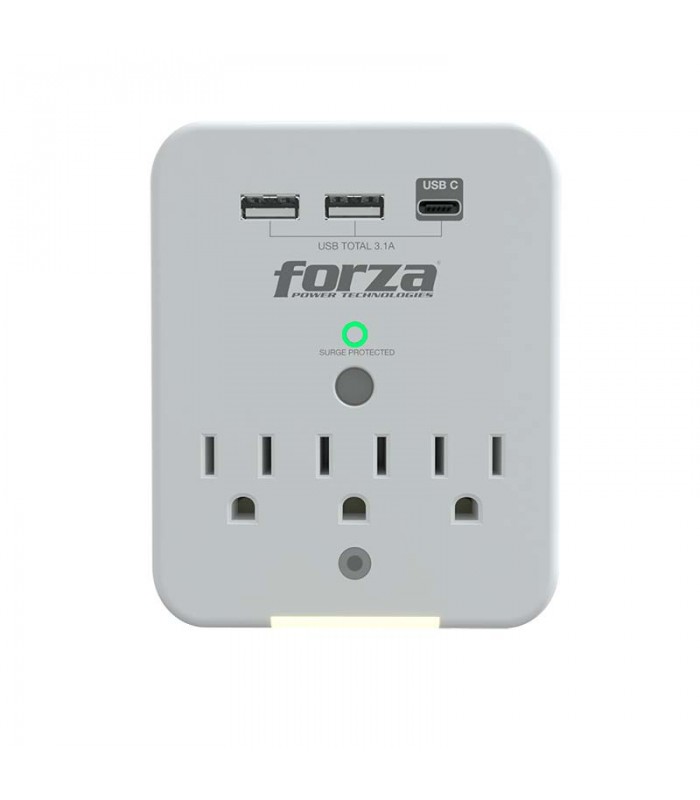 TOMACORRIENTE FORZA FWT-331USBC 490J/1875W BLACK 120V 50/60Hz, 15A, 3NEMA 5-15P, 2XUSB-A, 1XUSB-C 3.1