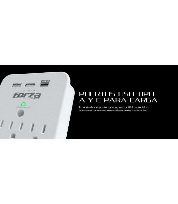 TOMACORRIENTE FORZA FWT-331USBC 490J/1875W BLACK 120V 50/60Hz, 15A, 3NEMA 5-15P, 2XUSB-A, 1XUSB-C 3.1