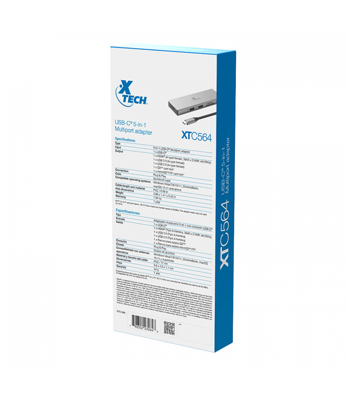 ADAPTADOR XTECH XTC-564 5-en-1 USB-C A 1X HDMI 4K /1X USB-A /1X USB-A 3.0 /1X R SD /1X R MSD/5Gbps/ 17cm / PLATEADO