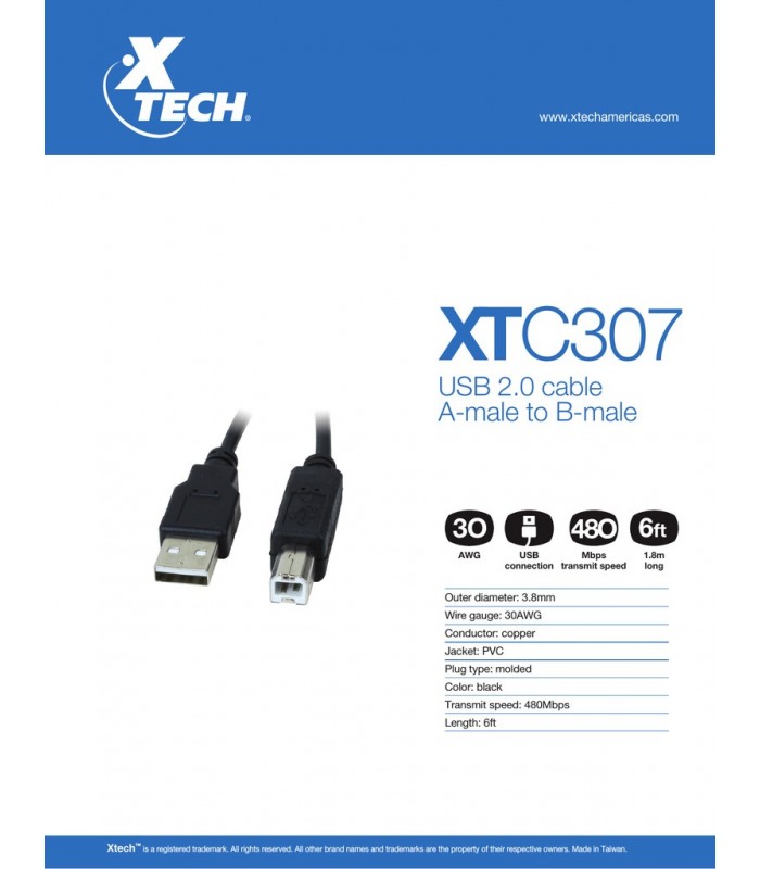 CABLE XTECH USB 2.0 XTC-307 IMPRESORA 1.8M TYPE A:MACHO A B:MACHO
