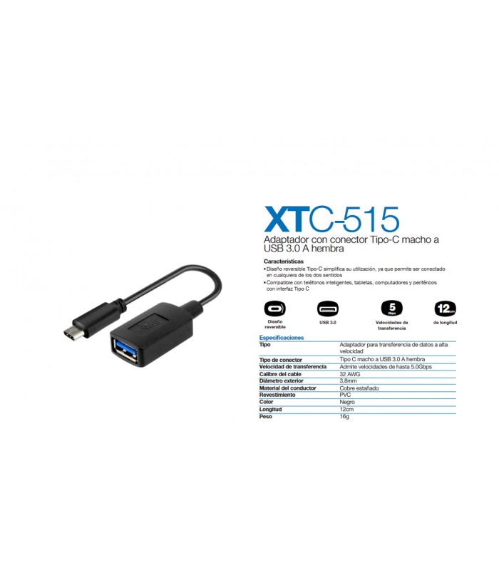 USB HUB XTECH XTC-515 USB-C A USB-A 3.0 A 1-PTOS HEMBRA 12cm  