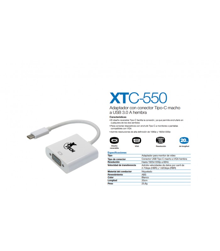 ADAPTADOR XTECH XTC-550 USB-C A VGA  HEMBRA/ 720p y 1080p A 60Hz 20CM PC WH