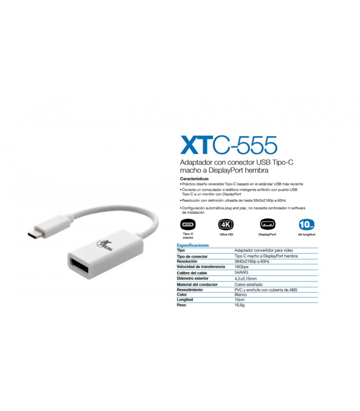 ADAPTADOR XTECH XTC-555 USB-C A DP DISPLAYPORT 4K A 60Hz 10CM  WH