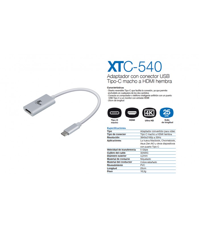 ADAPTADOR XTECH XTC-540 USB-C A HDMI 4K A 30Hz 5Gbps 25CM WH