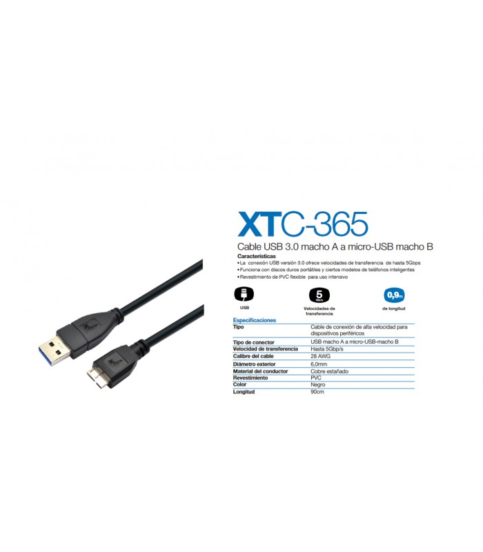 CABLE USB XTECH USB 3.0 MACHO A MICRO USB B 3.0 MACHO 5Gbps 90cm XTC-365 BK