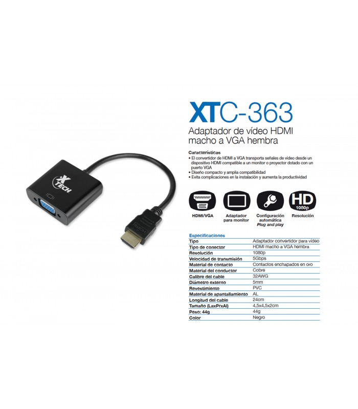 ADAPTADOR XTECH HDMI A VGA  HEMBRA/ 720p Y 1080p PC XTC-363