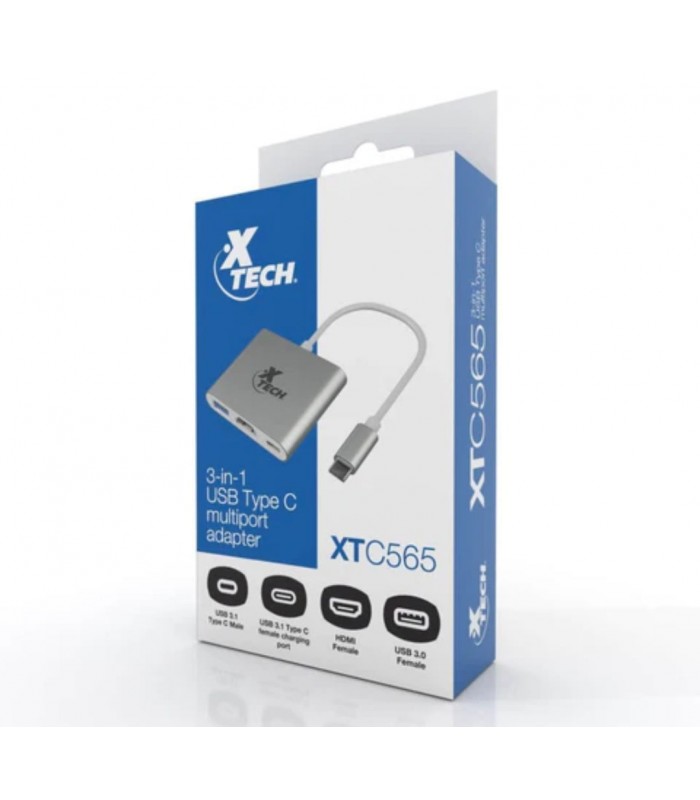ADAPTADOR XTECH XTC-565 3-en-1 USB-C A USB-C 3.1 / HDMI 4K / USB-A 3.0 HEMBRA/  5Gbps/ 15cm / PLATEADO