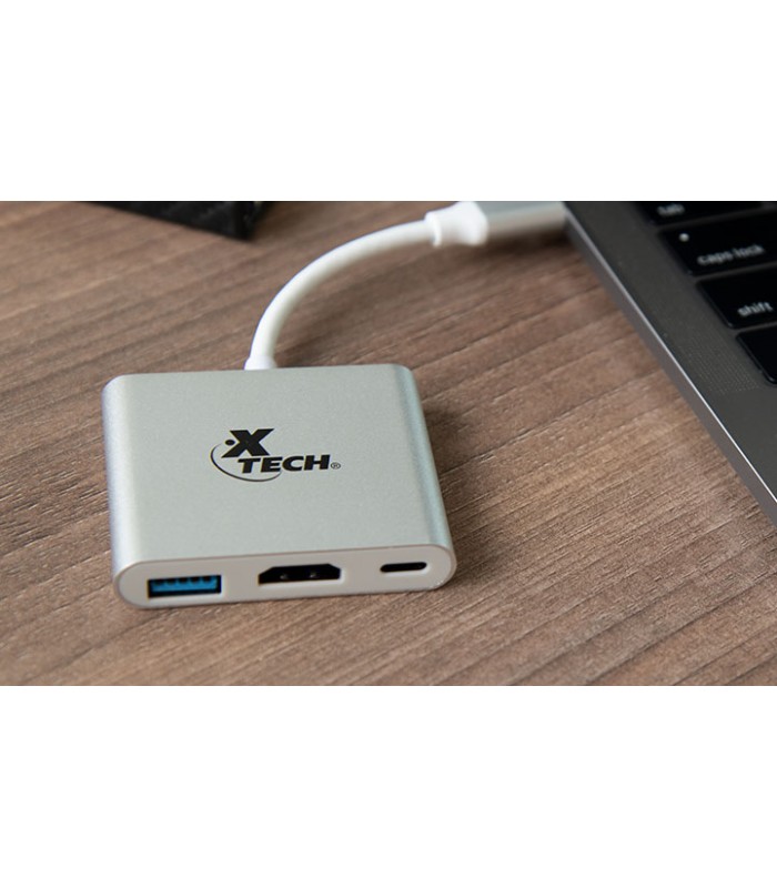 ADAPTADOR XTECH XTC-565 3-en-1 USB-C A USB-C 3.1 / HDMI 4K / USB-A 3.0 HEMBRA/  5Gbps/ 15cm / PLATEADO