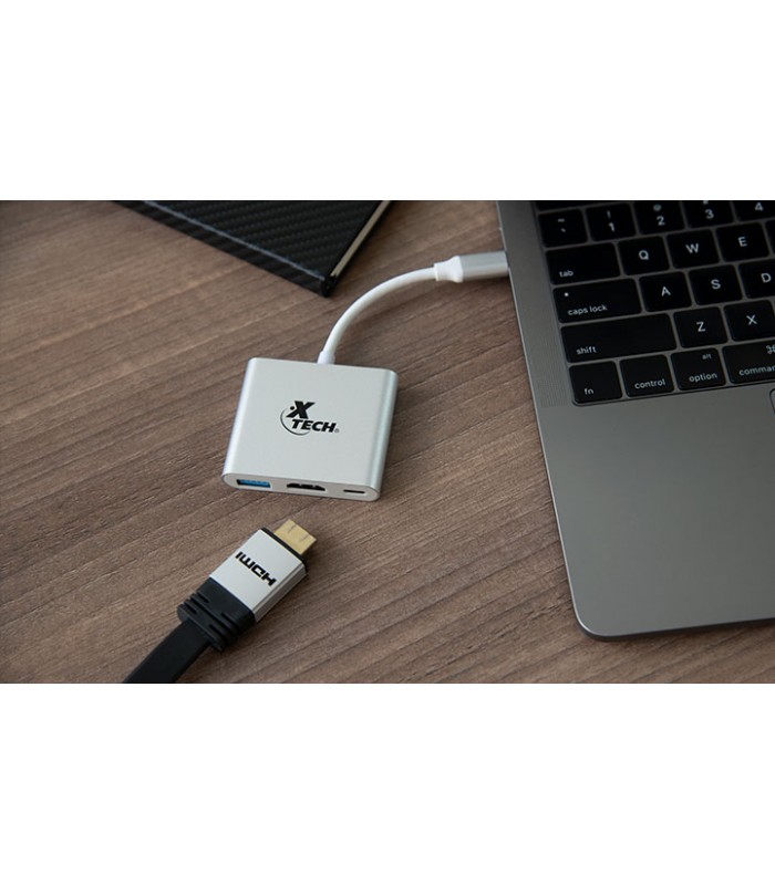 ADAPTADOR XTECH XTC-565 3-en-1 USB-C A USB-C 3.1 / HDMI 4K / USB-A 3.0 HEMBRA/  5Gbps/ 15cm / PLATEADO