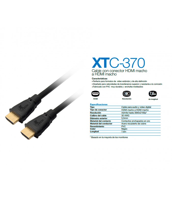 CABLE XTECH XTC-370 7.6M 25FT HDMI M/M 30AWG 4K NEGRO