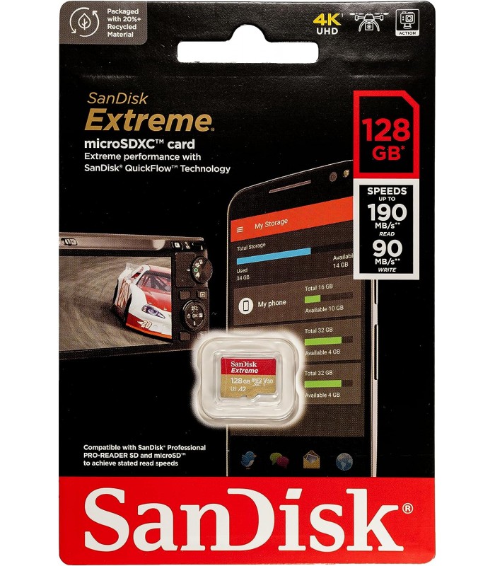 MICRO SD SANDISK EXTREME 128GB UHS-I 4K / C10 / U3 / V30 / A2 /4K /5K /R190MB/W90MB/S + ADAPTADOR /SDSQXAA-128G-GN6MA