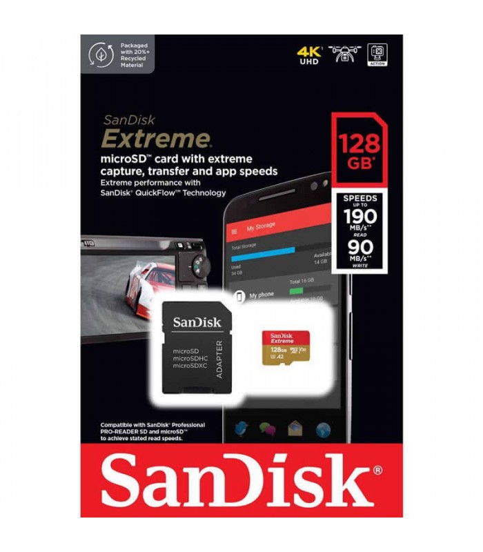 MICRO SD SANDISK EXTREME 128GB UHS-I 4K / C10 / U3 / V30 / A2 /4K /5K /R190MB/W90MB/S + ADAPTADOR /SDSQXAA-128G-GN6MA