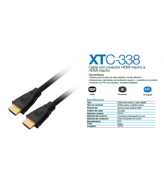 CABLE XTECH XTC-338 4.57M 15FT HDMI M/M 30AWG 4K NEGRO