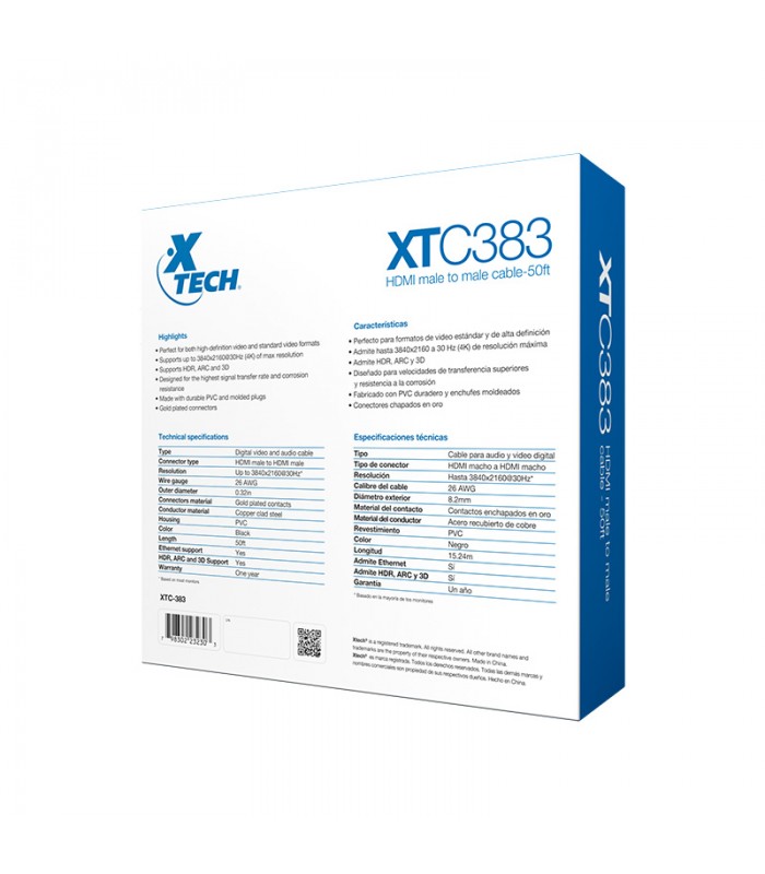 CABLE XTECH XTC-383 15.24M 50FT HDMI M/M 26AWG 4K NEGRO