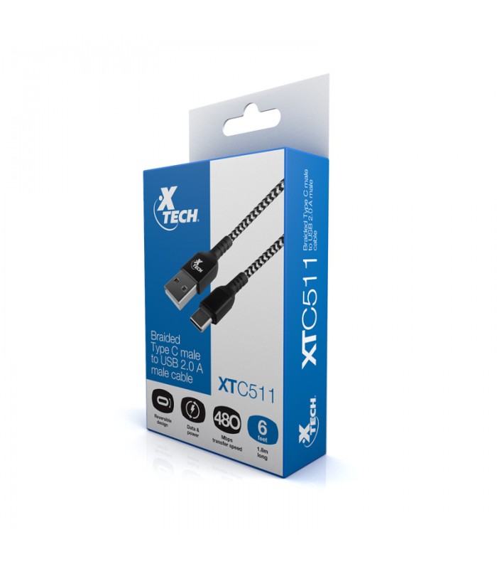 CABLE XTECH XTC-511 USB-A /M A USB-C /M 1.8M NEGRO Y BLANCO/ 3A 28AWG/ USB 2.0 480Mbps/
