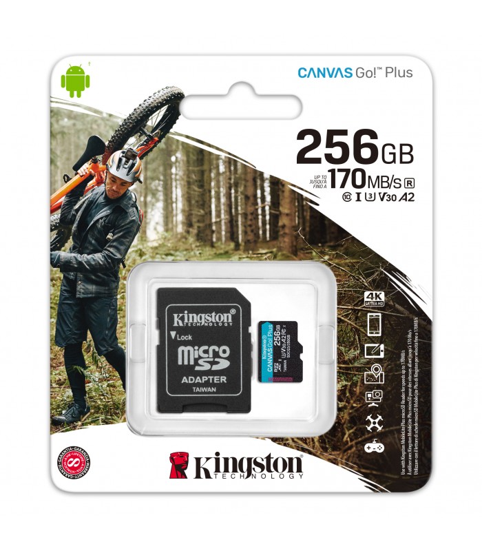 MICRO SD KINGSTON CANVAS GO PLUS 256GB UHS-I 4K / C10 / U3 / V30 / A2 /R170MB/W90MB/S + ADAPTADOR SDCG3/256GB