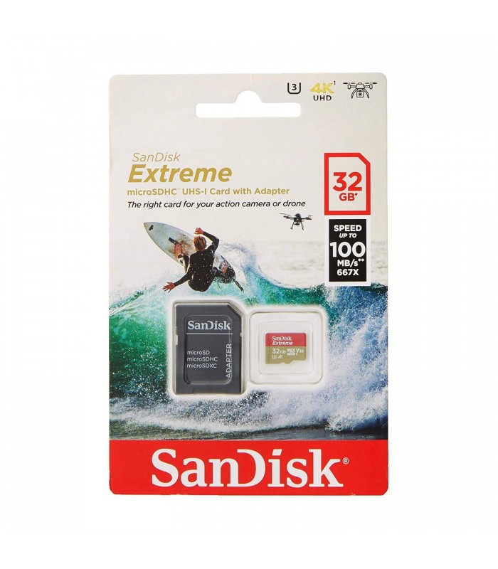 MICRO SD SANDISK EXTREME 32GB SDHC UHS-I 4K / C10 / U3 / V30 / A2 R100MB/W60MB/S + ADAPTADOR SDSQXAF-032G-GN6AA