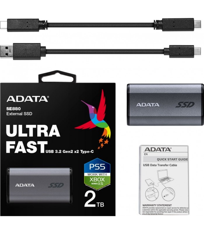 DISCO SSD EXTERNO ADATA ELITE SE880 2TB NEGRO USB 3.2 GEN2 X2 (MAX 20Gb/s) USB-C / USB-A 2000/2000 RW /AELI-SE880-2TCGY