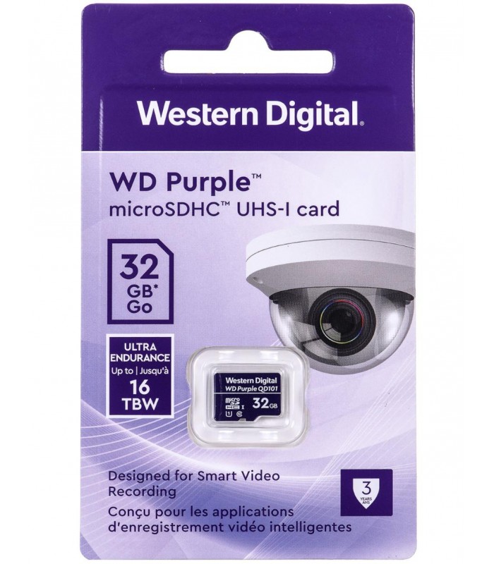 MICRO SD WD PURPLE ULTRA ENDURANCE QD101 32GB UHS-I 4K / C10 / U1 /3D NAND/ SDA 6.0/ 16TBW /24x7/NVR/SIN ADAP. /WDD032G1P0C