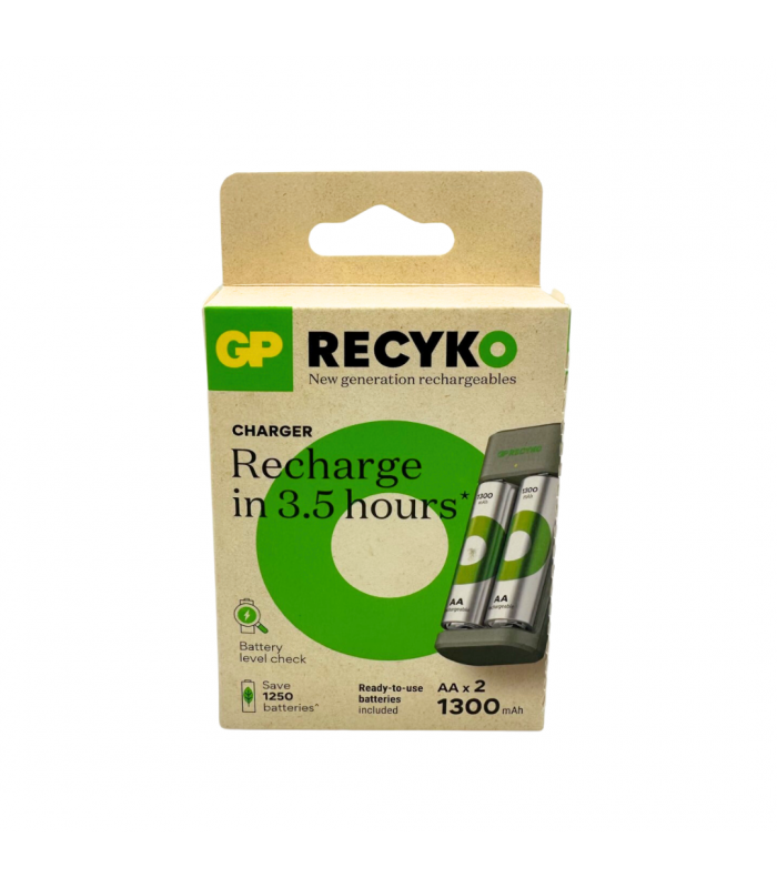 PILA GP REC RECYKO AA 1.2V X2 BL/2 1300mAh KIT + RECARGADOR FOR AA o AAA