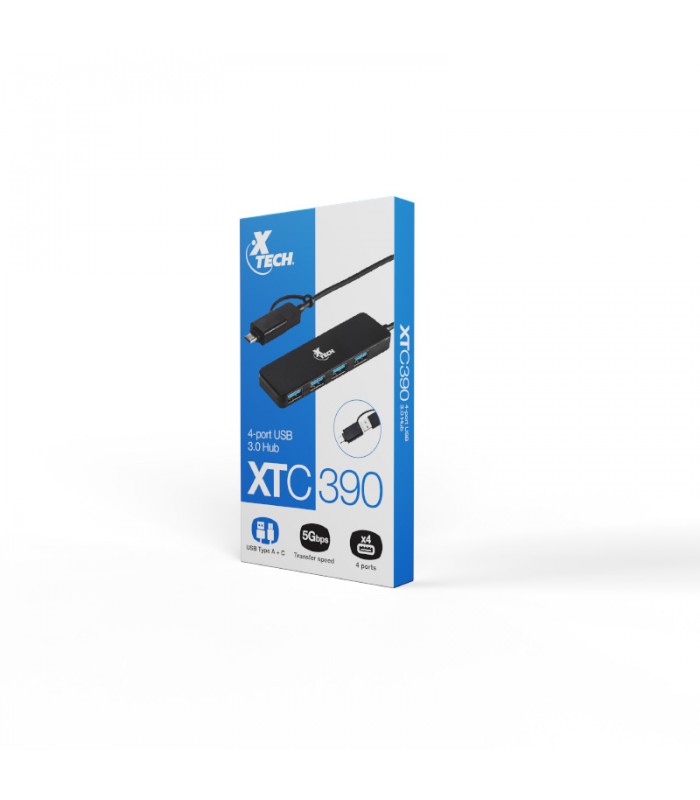 USB HUB XTECH XTC-390 USB-A 3.0 A USB-A 3.0 5Gbps A 4-PTOS HEMBRA 25cm BK